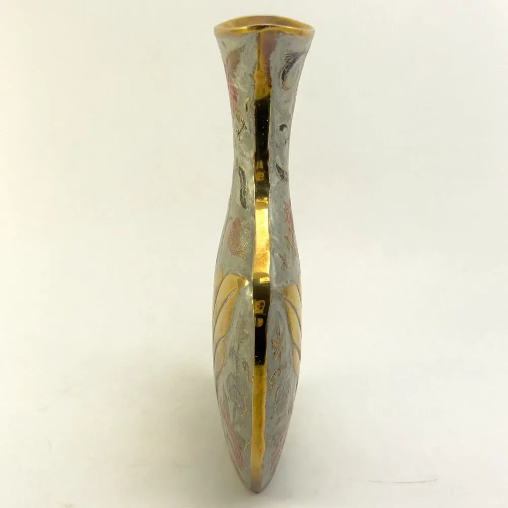 Vintage Enamel Floral Brass Vase Art Nouveau Style Gold 9”